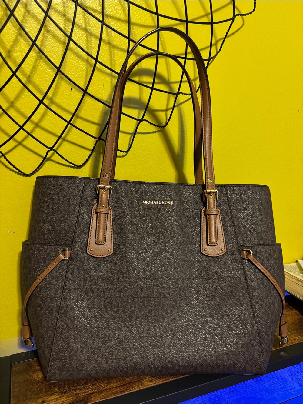 Michael Kors Brown Signature MK Logo Tote with Tan Trim